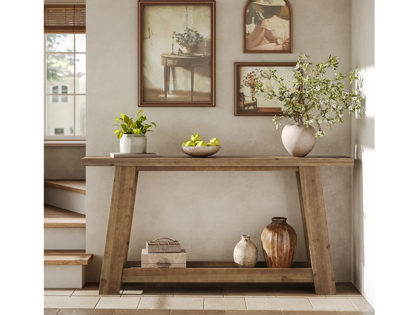 Mesa consola de madera maciza de 160 cm, mesa de entrada estilo casa de campo con estante de 2 niveles