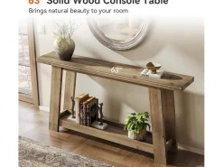 Mesa consola de madera maciza de 160 cm, mesa de entrada estilo casa de campo con estante de 2 niveles