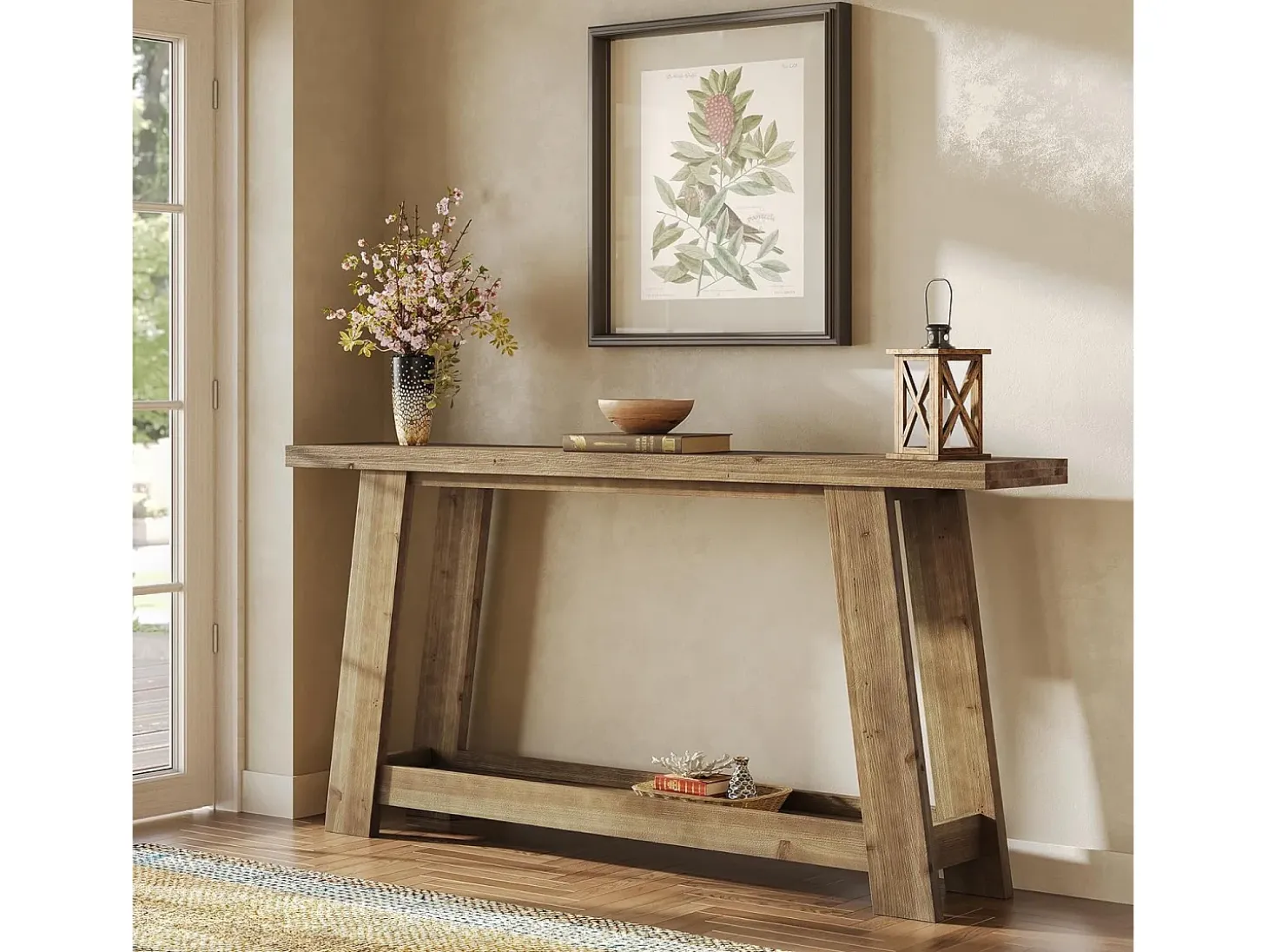 Mesa consola de madera maciza de 160 cm, mesa de entrada estilo casa de campo con estante de 2 niveles