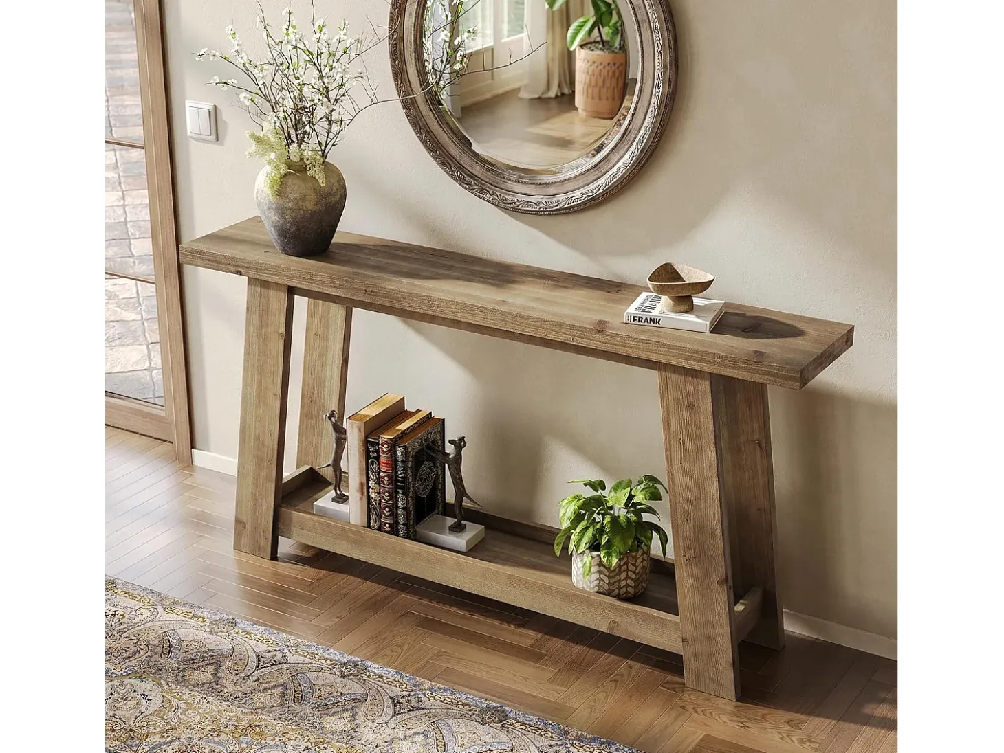 Mesa consola de madera maciza de 160 cm, mesa de entrada estilo casa de campo con estante de 2 niveles