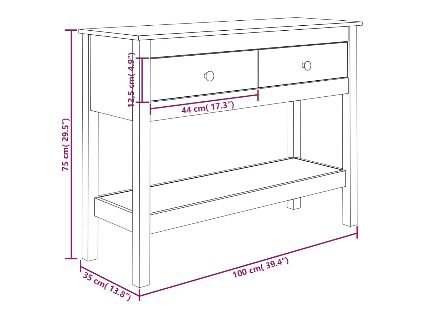 Mesa consola madera maciza de pino 100x35x75 cm