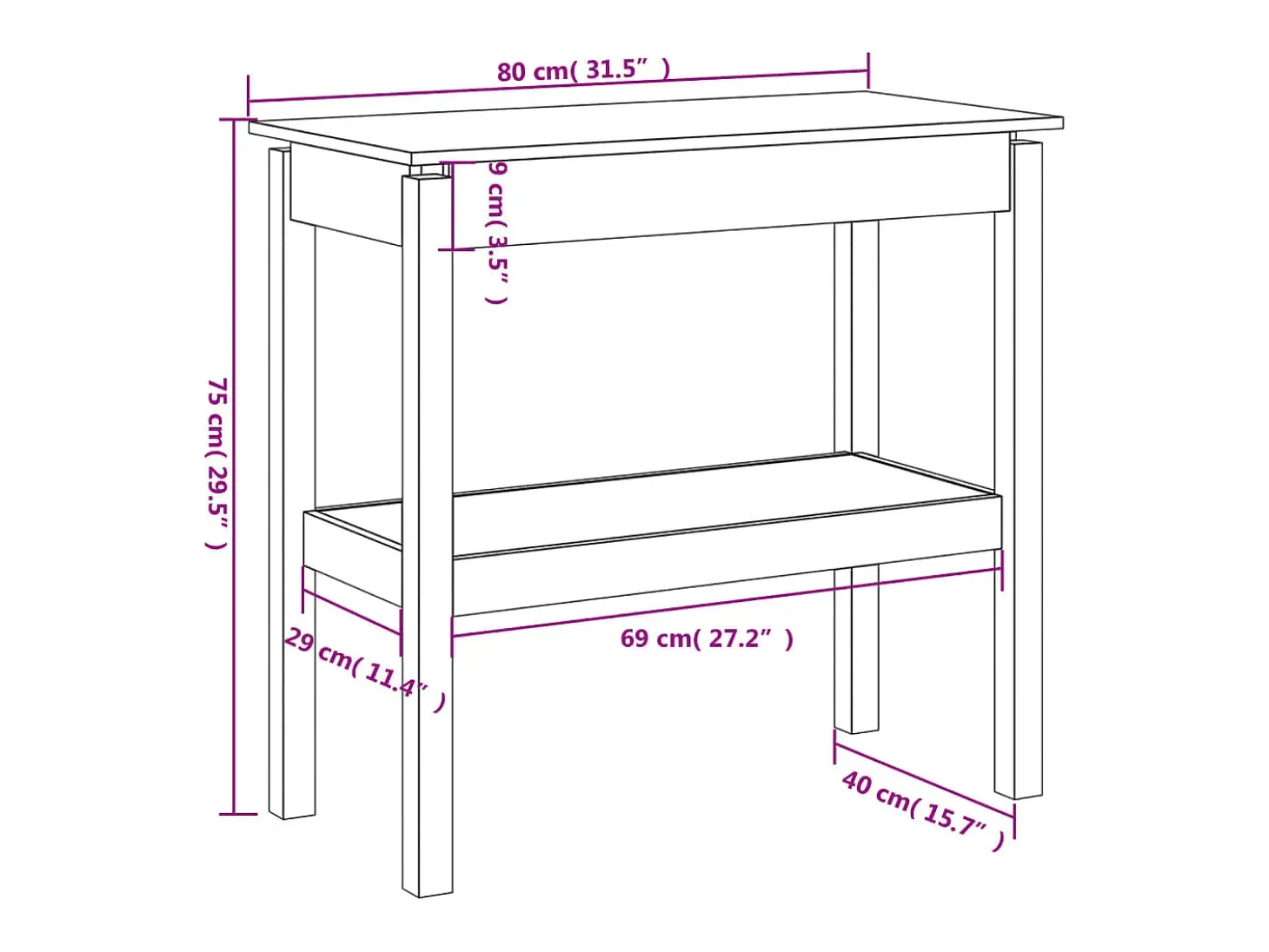 Mesa consola madera maciza de pino 80x40x75 cm