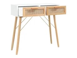 Mesa consola madera pino maciza blanco ratán natural 80x30x75cm