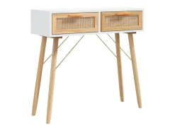 Mesa consola madera pino maciza blanco ratán natural 80x30x75cm