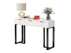 Mesa consola moderna, con 2 cajones, pies ajustables, blanco y negro