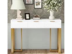 Mesa consola moderna con 3 cajones - 120 x 36 x 80 cm - MDF - para salón, pasillo - blanco + dorado