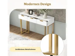 Mesa consola moderna con 3 cajones - 120 x 36 x 80 cm - MDF - para salón, pasillo - blanco + dorado
