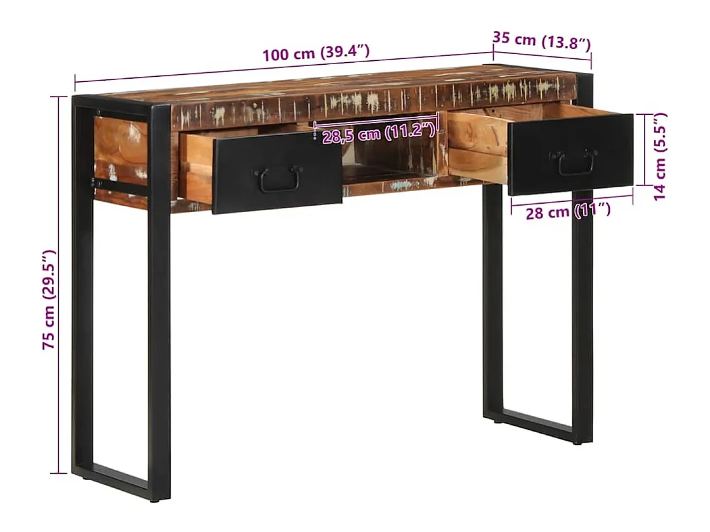Mesa consola multicolor madera maciza reciclada 100x35x75 cm