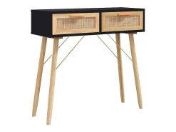 Mesa consola negra 80x30x75 cm Madera maciza de pino / ratán natural