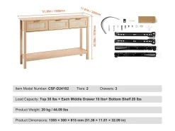 Mesa Consola SucceBuy de Ratán con 3 Cajones y Puerta Corredera, Acabado Natural