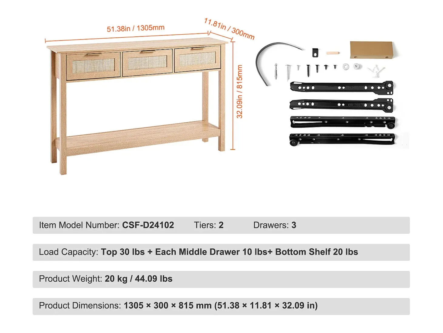 Mesa Consola SucceBuy de Ratán con 3 Cajones y Puerta Corredera, Acabado Natural