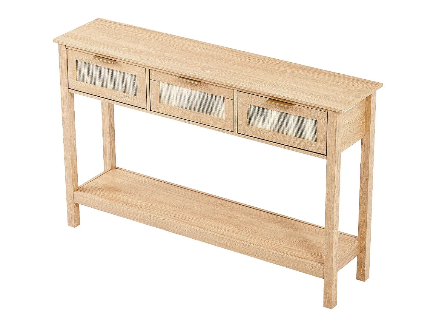 Mesa Consola SucceBuy de Ratán con 3 Cajones y Puerta Corredera, Acabado Natural