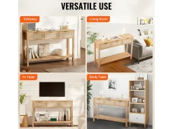Mesa Consola SucceBuy de Ratán con 3 Cajones y Puerta Corredera, Acabado Natural
