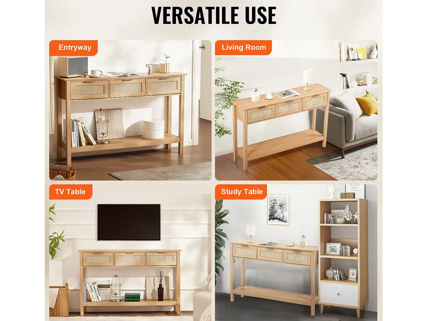 Mesa Consola SucceBuy de Ratán con 3 Cajones y Puerta Corredera, Acabado Natural