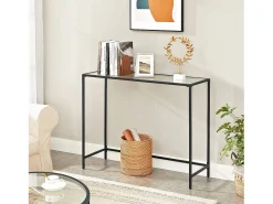Mesa consola Valora para salón, de cristal negro y metal.