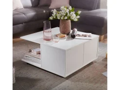 mesa de diseño 70x70 cm blanco | Mesa de salón con 2 cajones | Mesa de centro con ruedas | Mesa con 2 compartimentos.