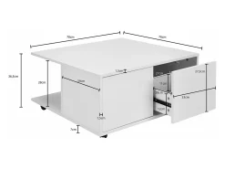 mesa de diseño 70x70 cm blanco | Mesa de salón con 2 cajones | Mesa de centro con ruedas | Mesa con 2 compartimentos.