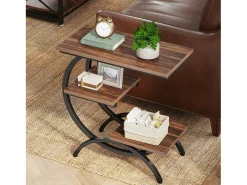 Mesa de apoyo de madera, pequeña mesa baja, mesa de noche, lateral de sofá con 3 estantes para salón, dormitorio, marrón oscuro
