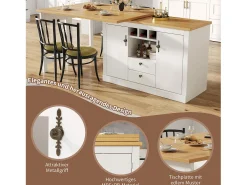 Mesa de bar extensible - 120/180 x 76 cm - con LED + 2 puertas + 2 cajones - Rotación 360° - MDF - Blanco