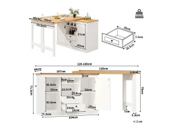 Mesa de bar extensible - 120/180 x 76 cm - con LED + 2 puertas + 2 cajones - Rotación 360° - MDF - Blanco