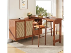 Mesa de bar giratoria con puerta de ratán y estante abierto - Mesa de comedor de madera - Marrón - 107 x 40 x 71,4 cm