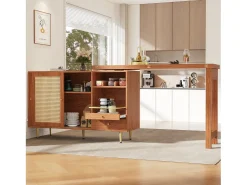 Mesa de bar giratoria con puerta de ratán y estante abierto - Mesa de comedor de madera - Marrón - 107 x 40 x 71,4 cm