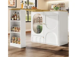 Mesa de bar giratoria con 3 puertas, isla de cocina con almacenaje - tablero extensible (138-204)x39x102 cm - blanco