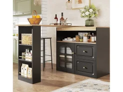 Mesa de bar giratoria de madera con 1 puerta de cristal y 2 cajones, aparador con almacenaje (138-204) x 39 x 104 cm - negro