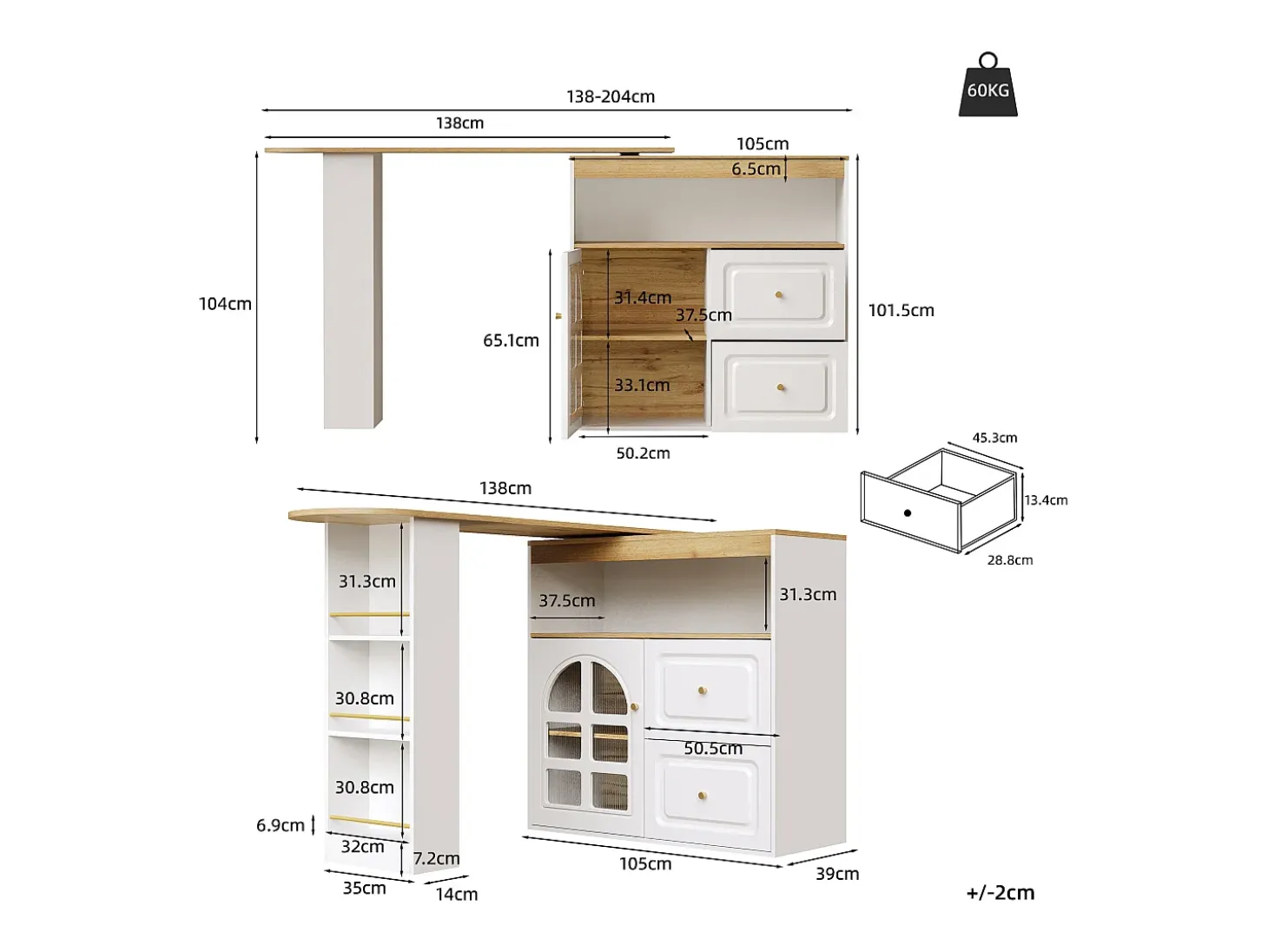 Mesa de bar giratoria de madera con 1 puerta de cristal y 2 cajones, aparador con almacenaje (138-204) x 39 x 104 cm - blanco