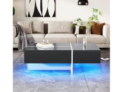 Mesa de café de 3 másditas, con LED y aplicación, panel de partículas, blanco y negro, 100x50 x34.5 cm
