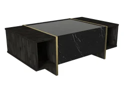 Mesa de centro - 1 puerta y 2 estantes - Efecto mármol negro y dorado - CADEBA