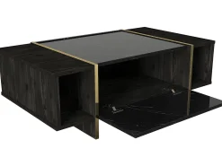 Mesa de centro - 1 puerta y 2 estantes - Efecto mármol negro y dorado - CADEBA