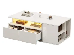 Mesa de centro - 100 x 50 x 35 cm - Mesa de centro para salón - Con LED + 2 cajones - Tablero de aglomerado - Blanco