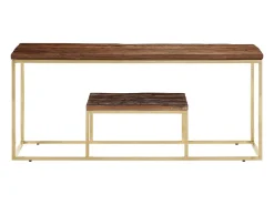 Mesa de centro acero inoxidable madera maciza traviesa dorado