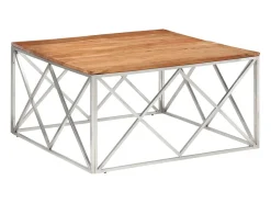Mesa de centro acero inoxidable plateado y madera maciza acacia