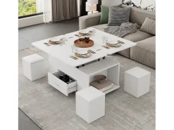 Mesa de centro ajustable en altura 100x50x45cm - multifuncional 4 en 1 - con 1 cajón - con 4 taburetes - blanca