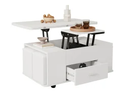 Mesa de centro ajustable en altura 100x50x45cm - multifuncional 4 en 1 - con 1 cajón - con 4 taburetes - blanca
