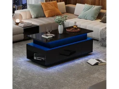 Mesa de centro ajustable en altura 96x45x40cm - con almacenamiento oculto - con 1 cajón - con iluminación LED - negra