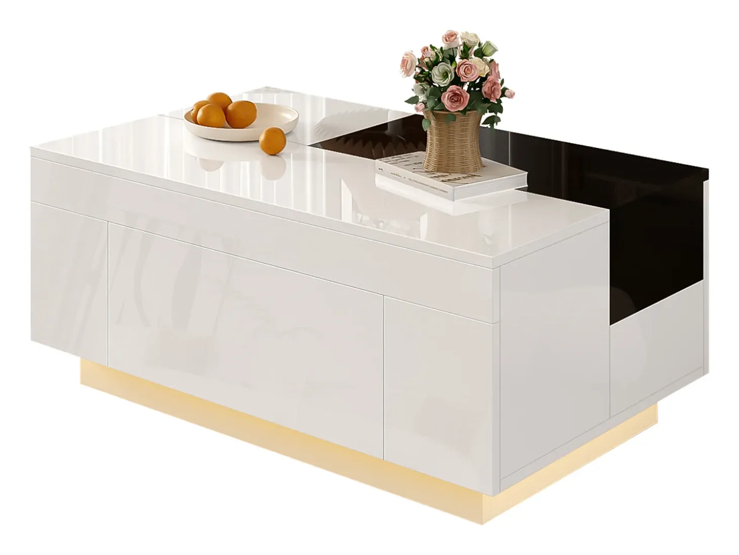Mesa de centro alto brillo 80×50×35,5 cm - Iluminación LED - 1 cajón - Tablero extensible - Blanco + Negro