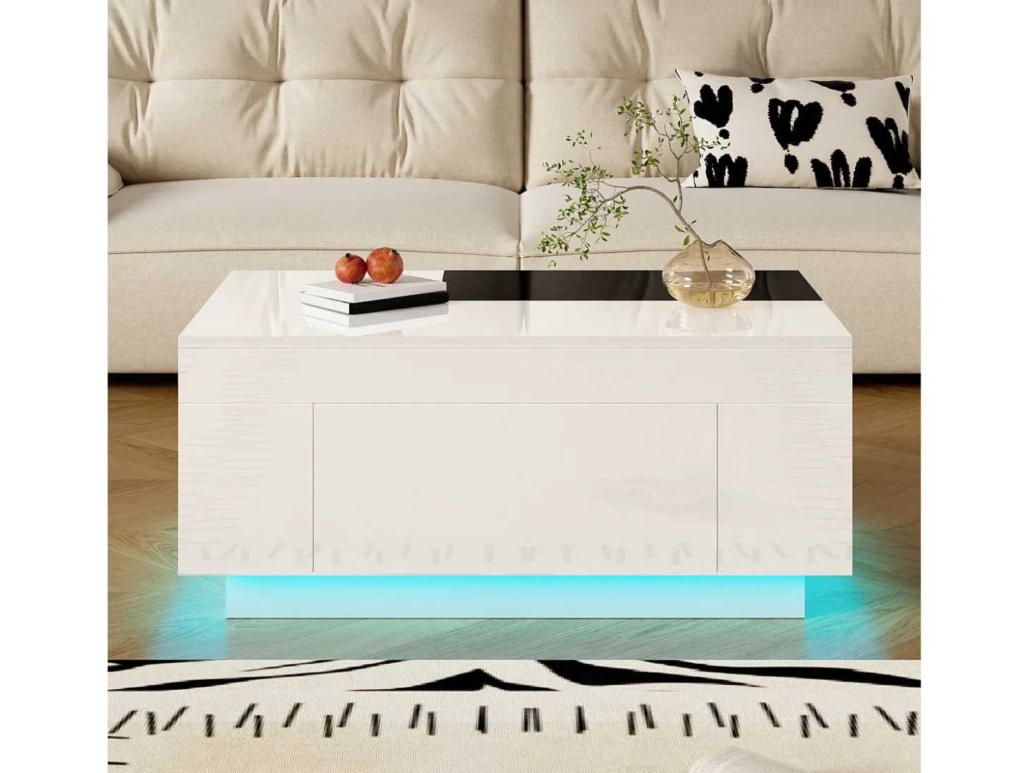 Mesa de centro alto brillo 80×50×35,5 cm - Iluminación LED - 1 cajón - Tablero extensible - Blanco + Negro