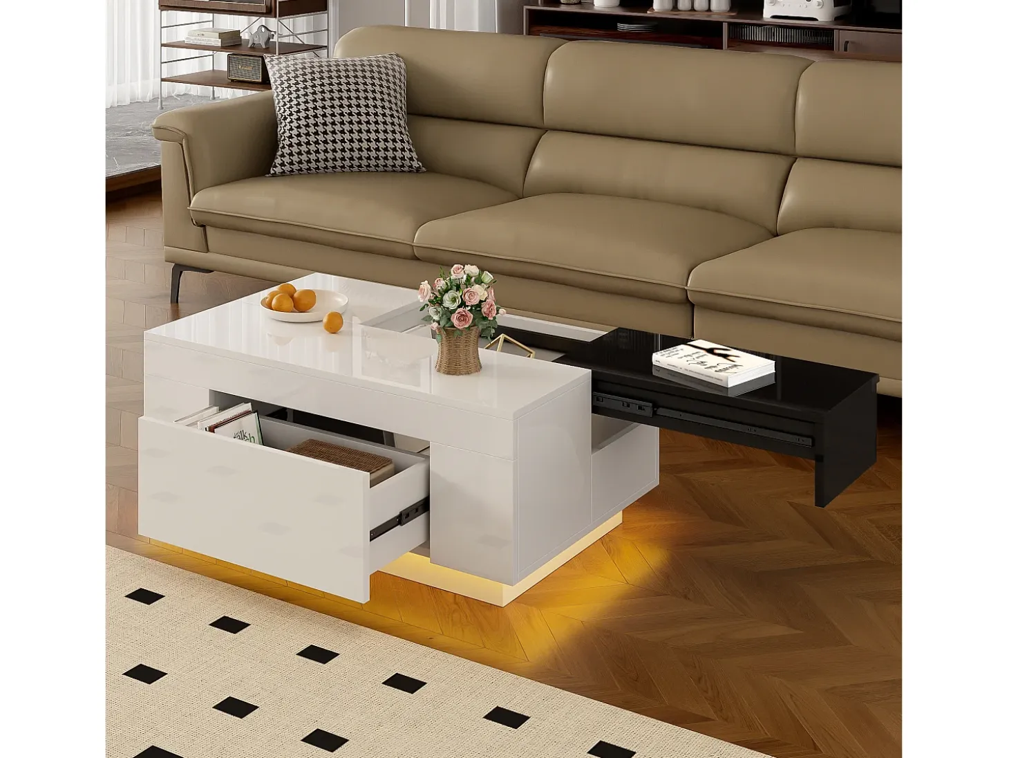 Mesa de centro alto brillo 80×50×35,5 cm - Iluminación LED - 1 cajón - Tablero extensible - Blanco + Negro