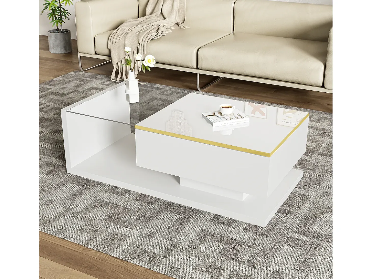 Mesa de centro blanca 100 cm - Mesa de centro con iluminación LED y separadores de espacio - espacio abierto - para sala de estar