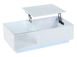 Mesa de centro blanca - Mesa auxiliar con iluminación LED y altura ajustable - almacenamiento y estantes ocultos - para sala de estar
