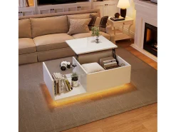 Mesa de centro blanca - Mesa auxiliar con iluminación LED y altura ajustable - almacenamiento y estantes ocultos - para sala de estar