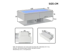Mesa de centro blanca con luz LED, 2 cajones de almacenamiento y tablero de vidrio