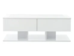 Mesa de centro blanca con luz LED, 2 cajones de almacenamiento y tablero de vidrio