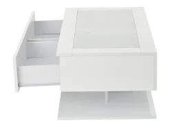 Mesa de centro blanca con luz LED, 2 cajones de almacenamiento y tablero de vidrio