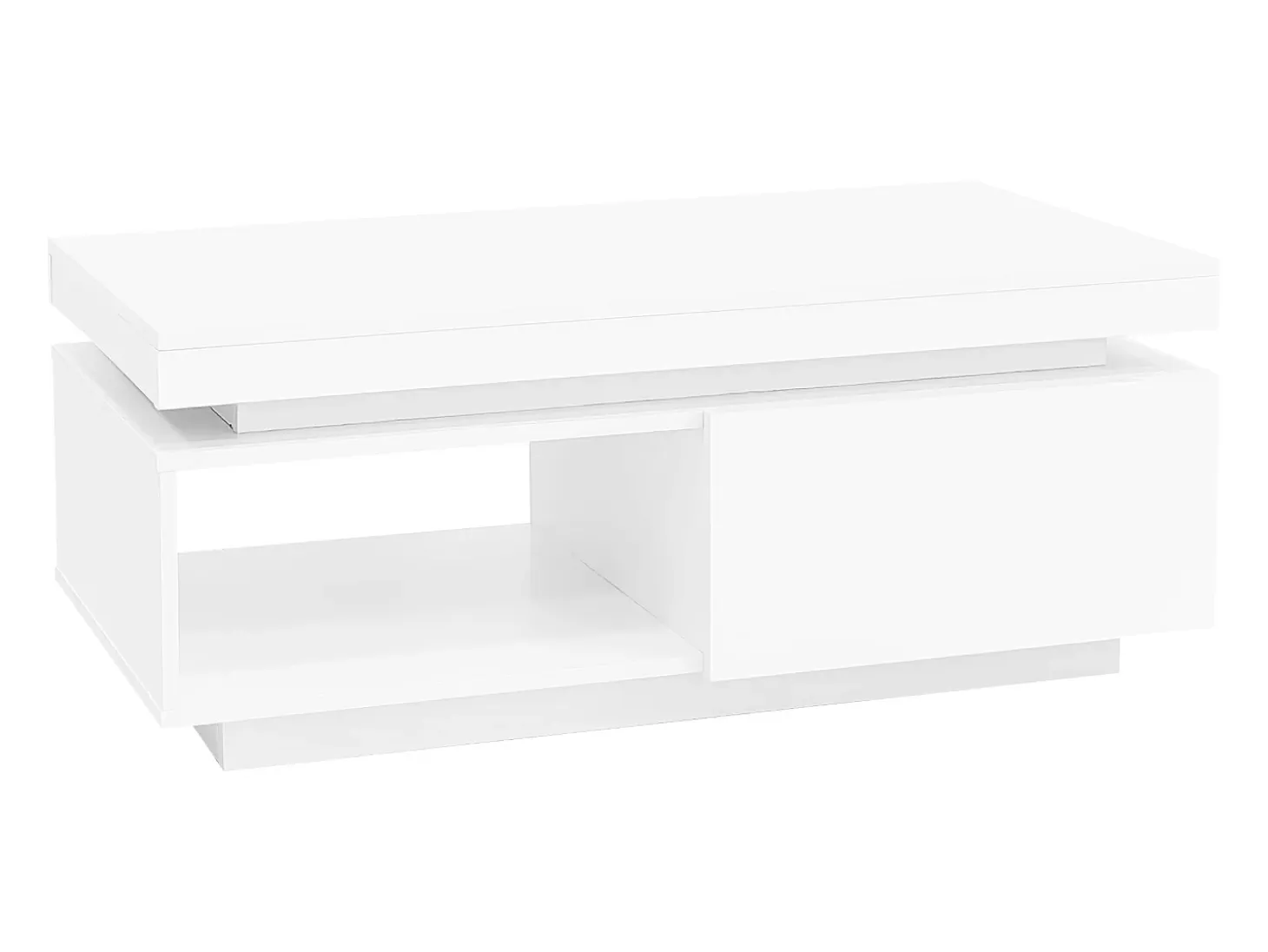 Mesa de centro blanca con luces LED, 1 cajón y compartimento abierto, ideal para salón y oficina