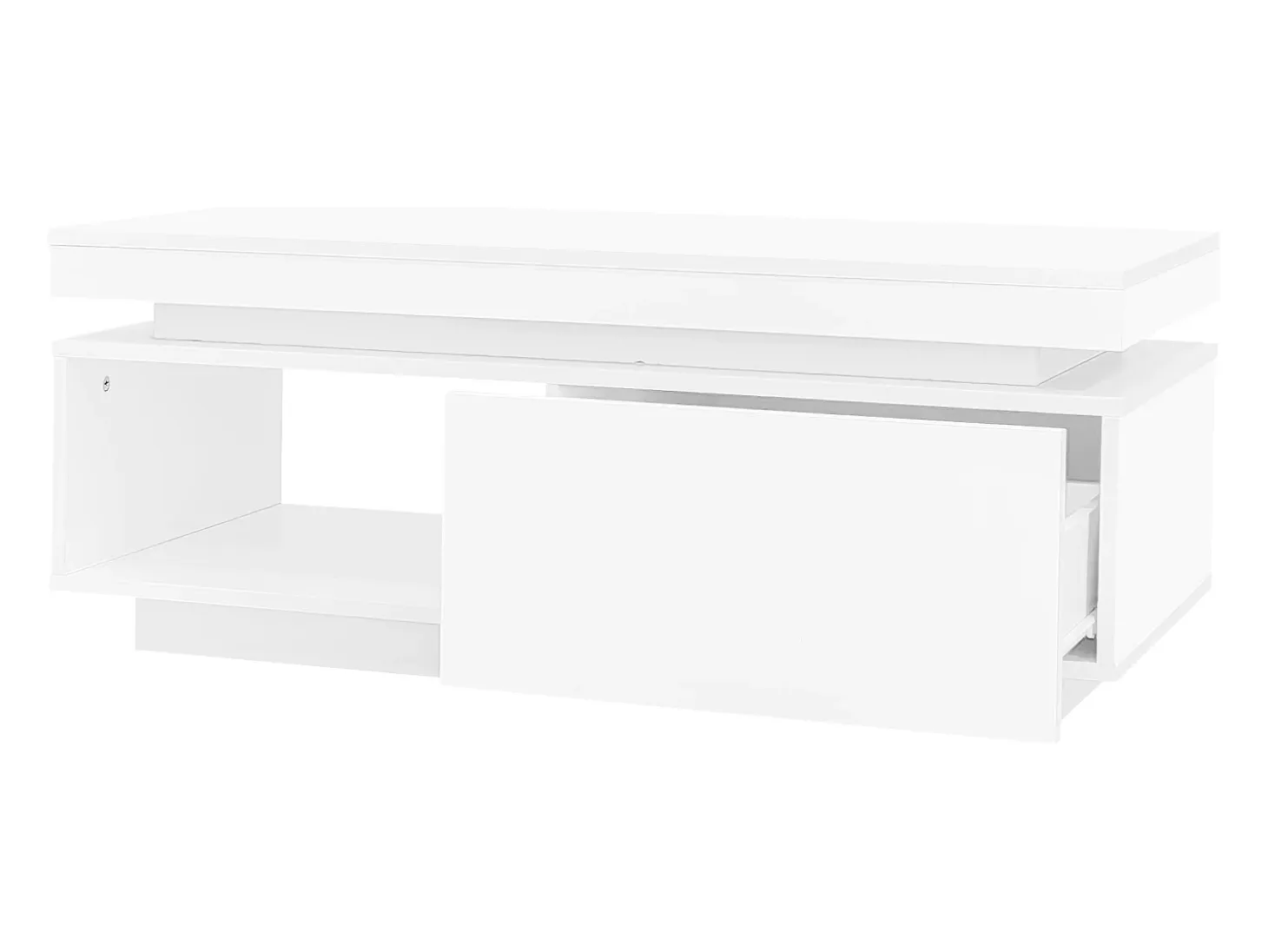 Mesa de centro blanca con luces LED, 1 cajón y compartimento abierto, ideal para salón y oficina