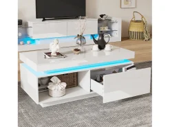 Mesa de centro blanca con luces LED, 1 cajón y compartimento abierto, ideal para salón y oficina